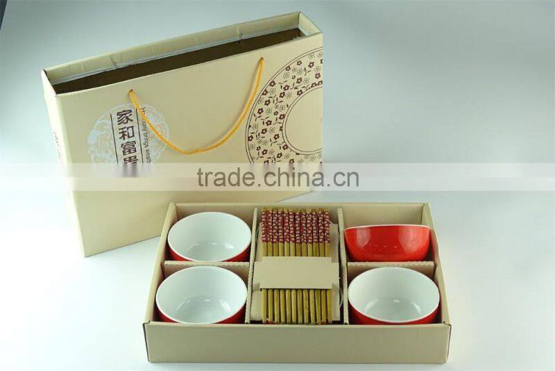 red glazed ceramic bowl and wooden chopsticks set in gift box dinner set for wholesale
