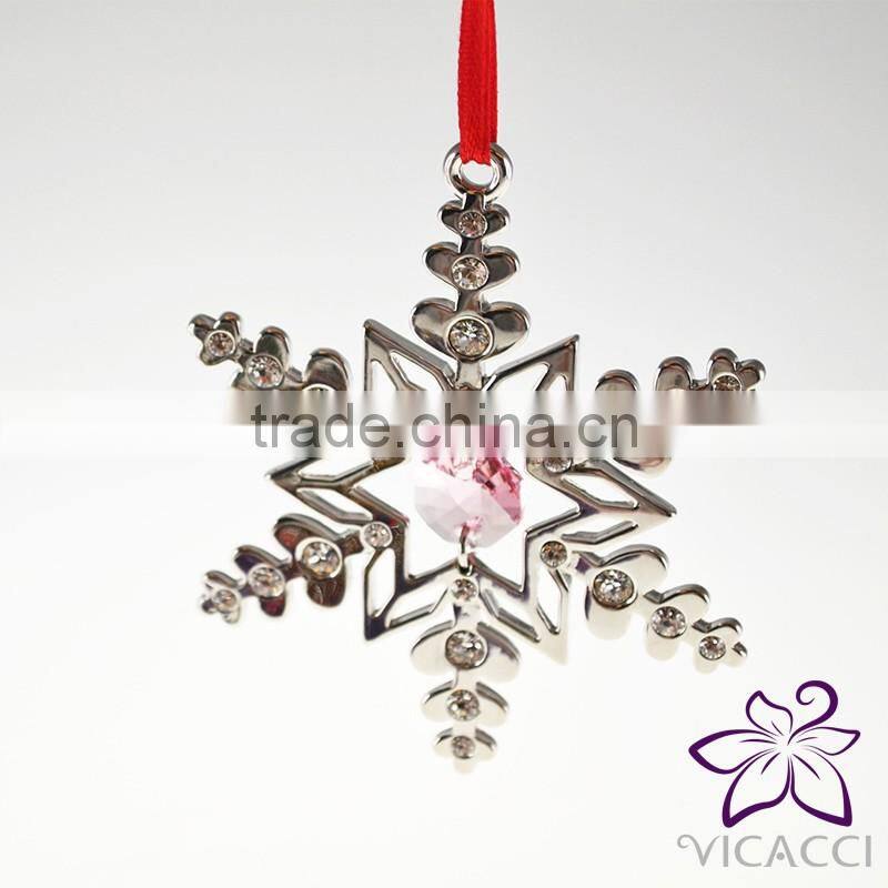 14K gold Plated Metal Xmas star shape snowflake ornament with pink crystals from Swarovski