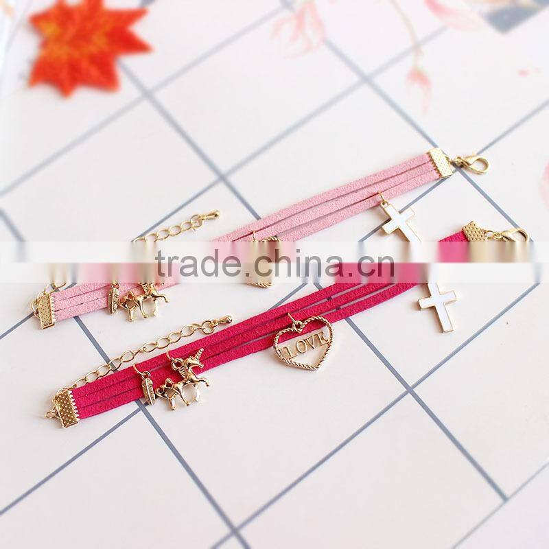 gold love heart cross horse feather charms sude leather bracelet multi layer velvet leather bracelet