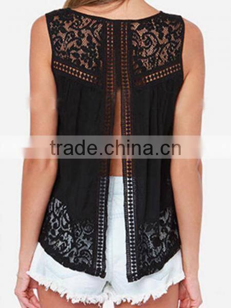 2015 wholesale low price sleeveless Sheer Lace Cutout open Split Back see through Top vest blouse