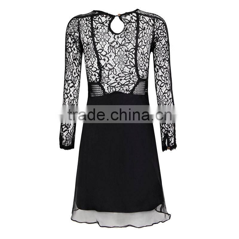 2014 Mesh Stitching Long Sleeve Lace Round Neck High Street Dress Irregular Little Black Evening Wedding Dress