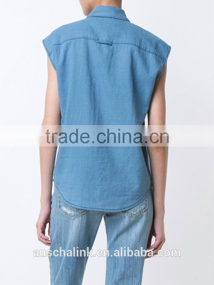 new arrival 100%cotton women sleeveless denim shirts customized
