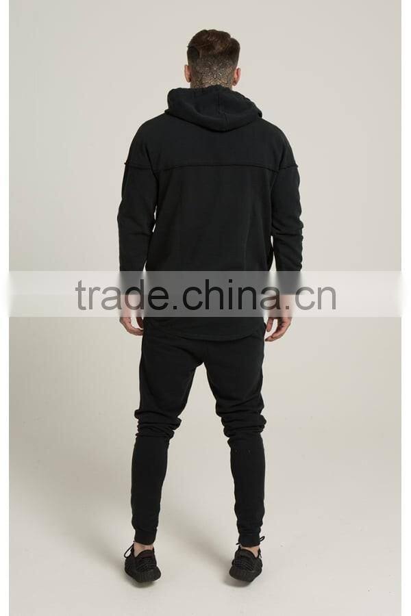 Black Raw Cut Mens Paneled Pullover Hoodie 100% Cotton Full Tracksuits Tapered Sweatpants Top Quality Tracksuit Tops and Bottoms