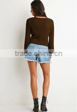 fashionable design acrylic long flare sleeve wide o neck women pullover sweaters