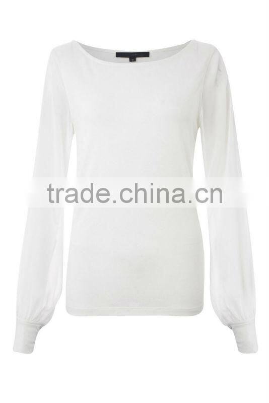 Ladies Jersey Top with sheer sleeves and gathered cuffs