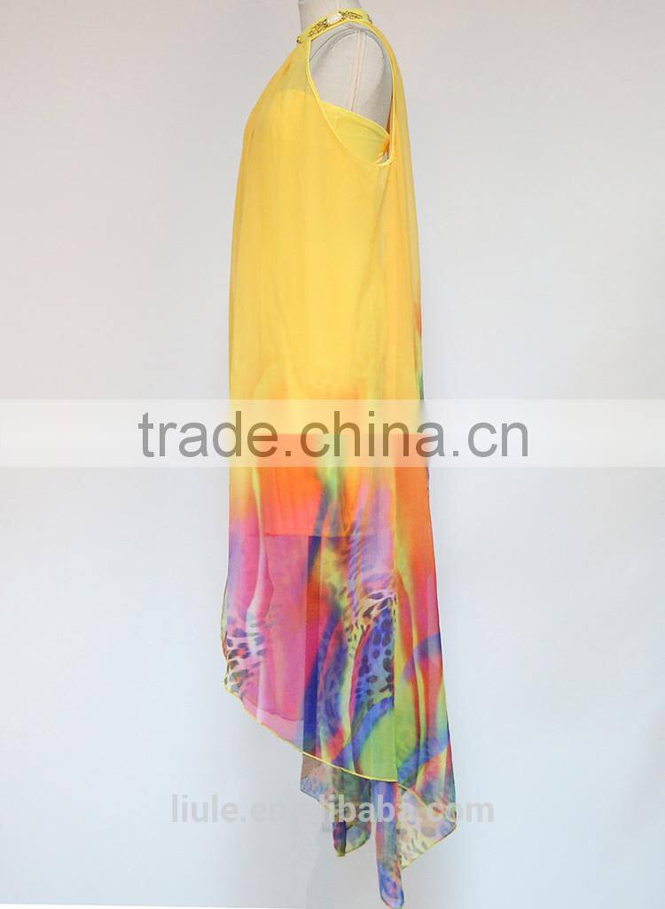 nail beaded cardigan loose assorted colors printing irregular hem sleeveless chiffon cloak for women