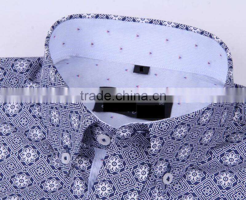 2017 men's long sleeve graphic printed slim fit shirt with contrast collar and cuff