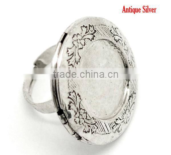 5PCs Antique Silver Round Photo Frame Locket Rings 17.5mm US 7, Fit 24mm Dia. Ring Setting