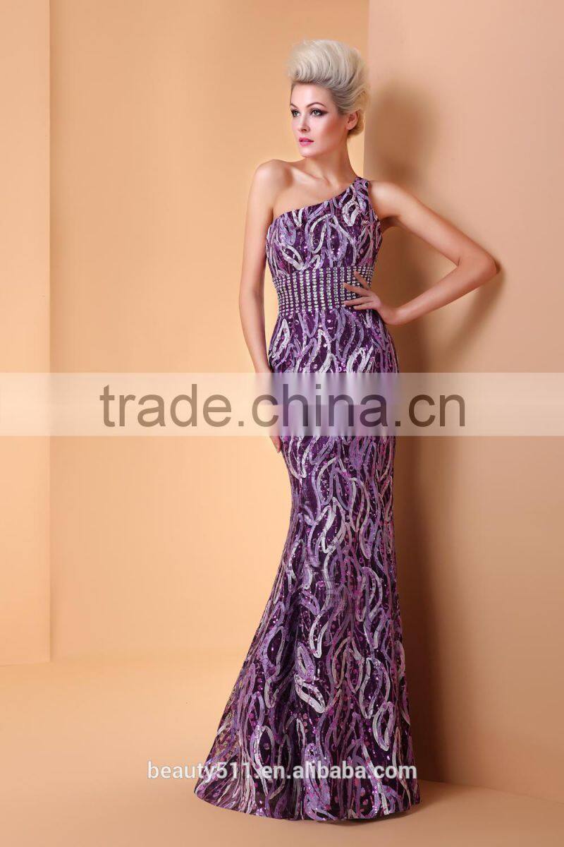 Mermaid one shoulder Floor-length Satin Sequined with Sequins prom evening dress party dress P004