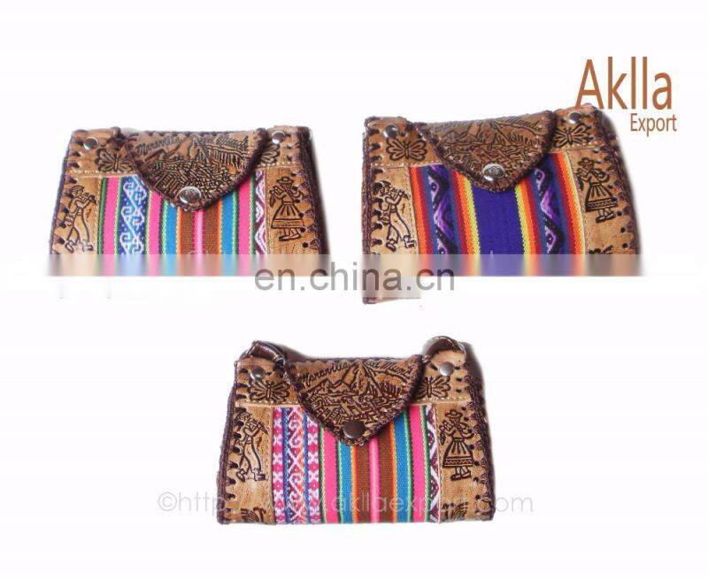 Handmade Embossed Leather Handbag with Aguayo Blanket