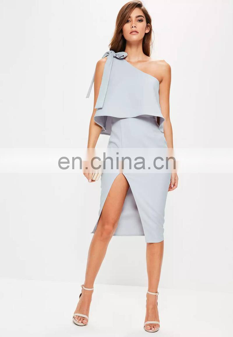 Crepe One Shoulder Bow Sleeve Midi Dress Woman Bulk Wholesale Clothing