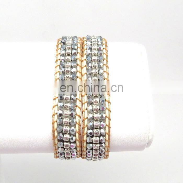 Handmade beaded wrap bracelet features 3 rows of circular and square stones surrounded by a natural colored cord on both sides