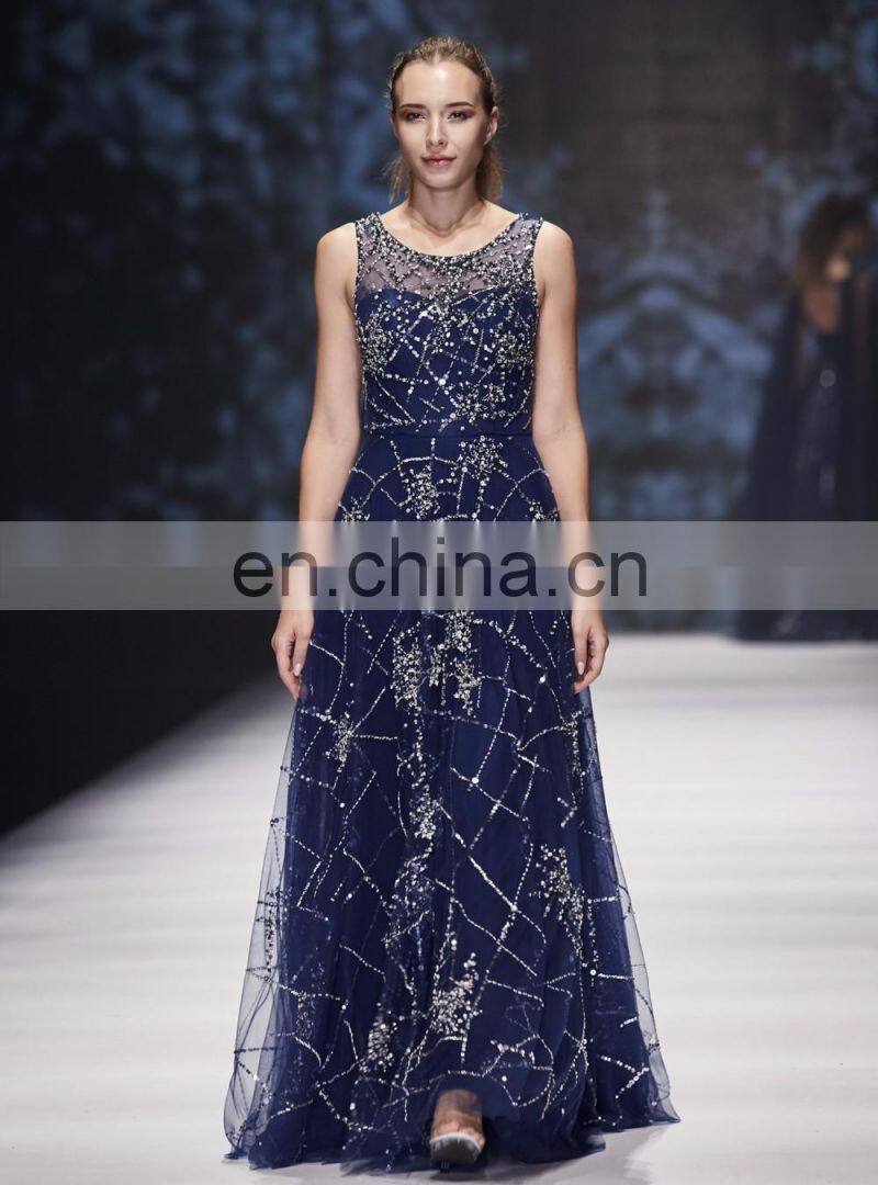 2017 B5263 Navy color halter net fabric beaded evening dresses & wedding dresses