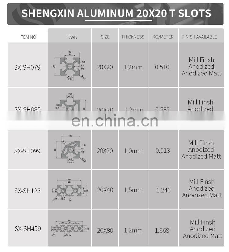 SHENGXIN t slot 2020 extrusion aluminium profile industrial