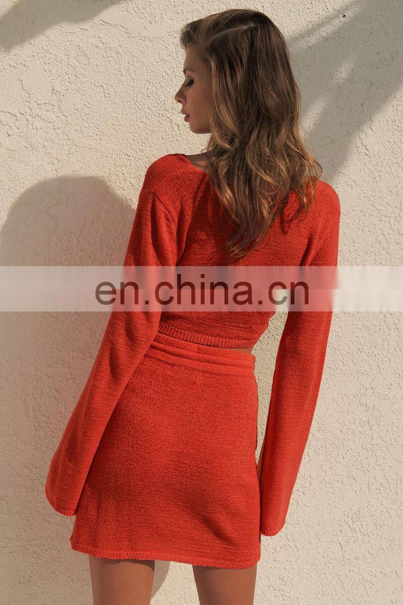2021 Cross-border New Product Pure Color Women's Fashion Twisted Long Sleeve V-neck Sexy Top Drawstring Short Skirt Autumn Set