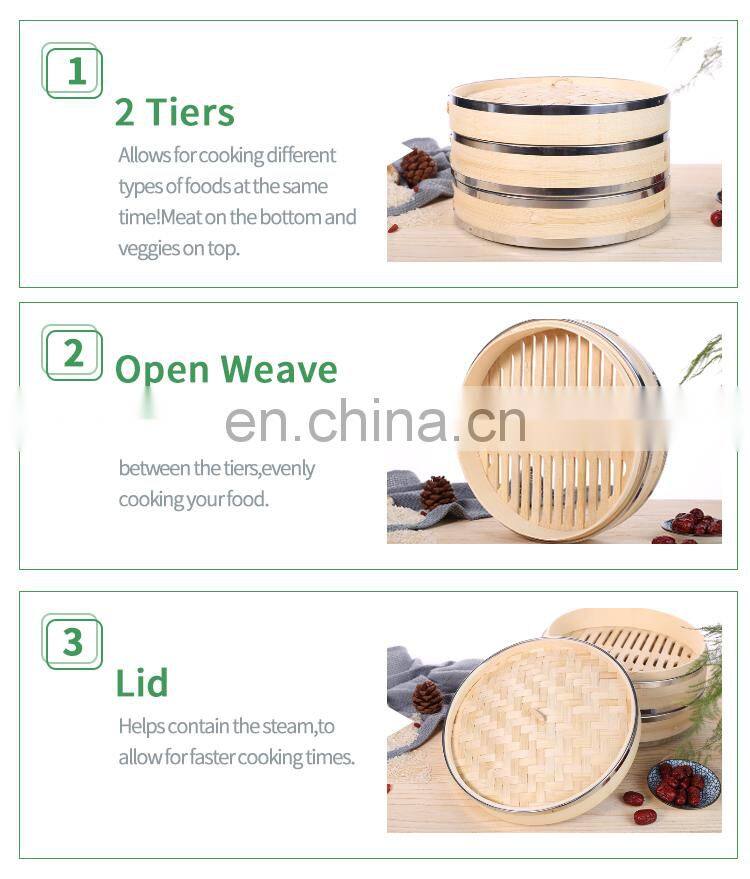 High Quality 10 Inch Bamboo Steamer with Steel Rings for Cooking steamer basket