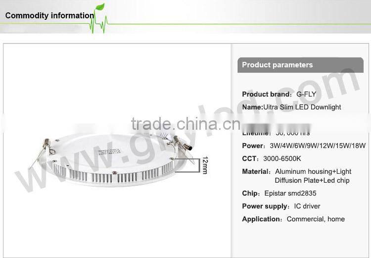 2016 CE Rohs SMD recessed round led panel light 6W/9W/12W/15W/18w/24W led downlight