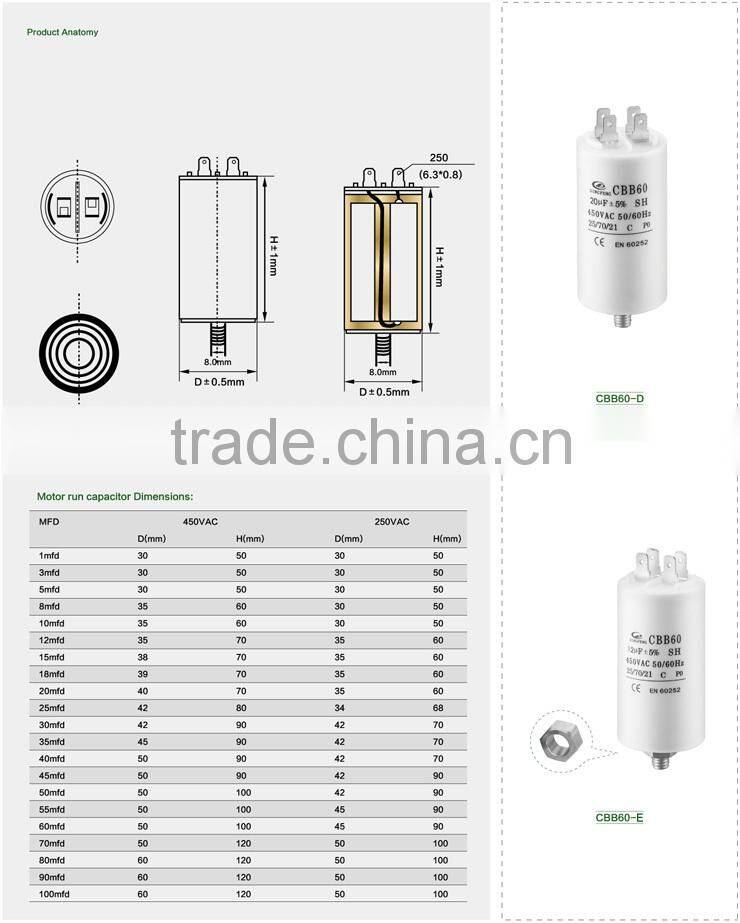 capacitor cbb60 500v/ cbb60 start capacitor/ motor capacitor cbb60 150uf 250v free samples