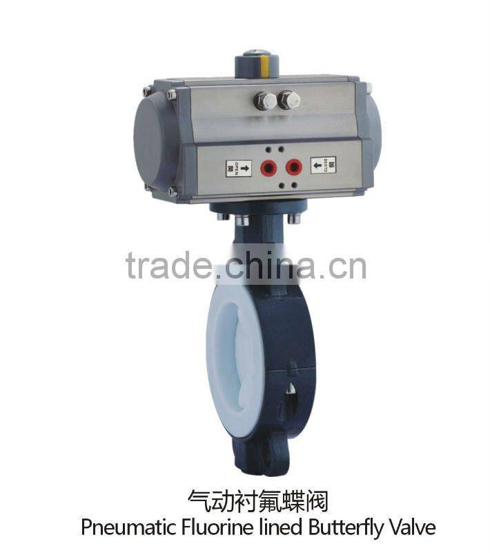 pneumatic butterfly valve lining PTFE or PFA with rack and pinion type pneumatic actuators,double action and spring return