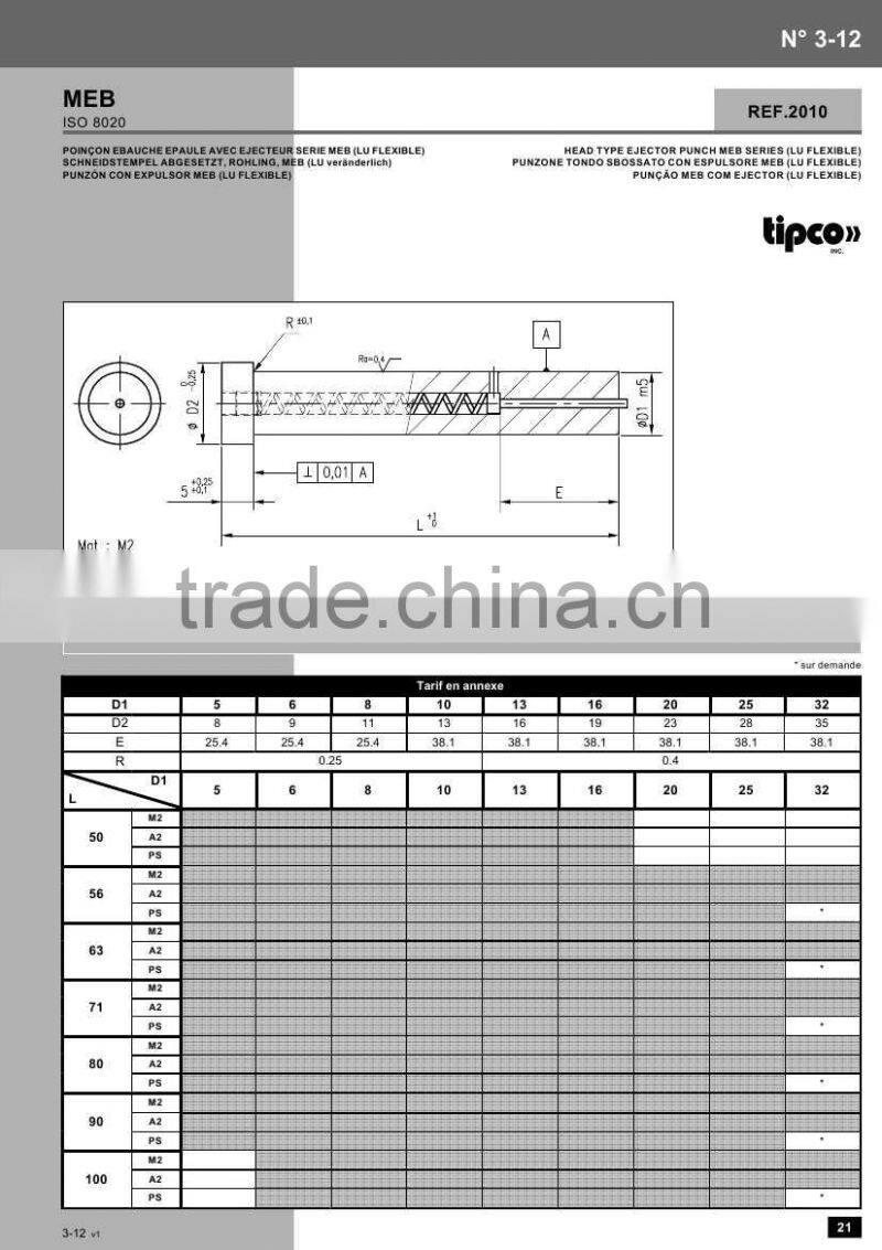 Rabourdin MEB standard ISO 8020 head type ejector punch