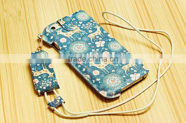 Printed Mobile Phone Case With Sling Rope Cute Cartoon Print Leather Case For iPhone 6