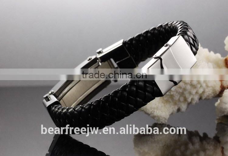 Fashion Solid Stainless Steel Cross Braide Leather Bangle Bracelet Men Jewelry