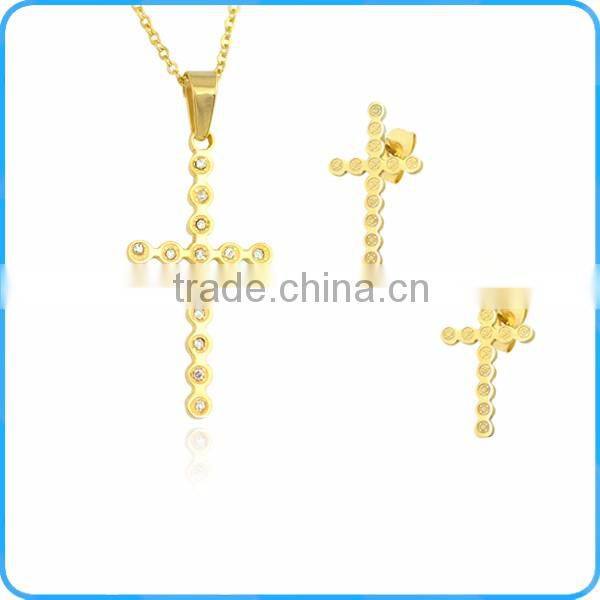 Hot fashion cross with crystal set stainless steel necklaces and Earrings Set