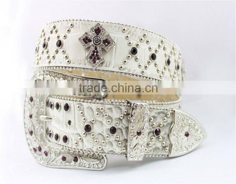 2016 New Design Western rhinestone leather belt with crystals circle chains and studs embedded