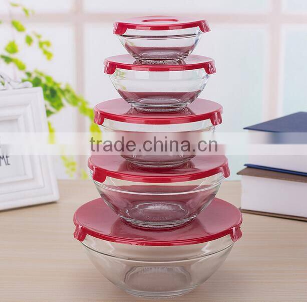 5pcs glass salad bowl set with print plastic lid household for gift promotiion