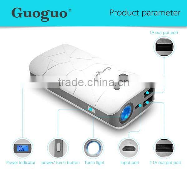 Guoguo long lasting 10000mah LED torch dual USB portable travel power bank for iphone7