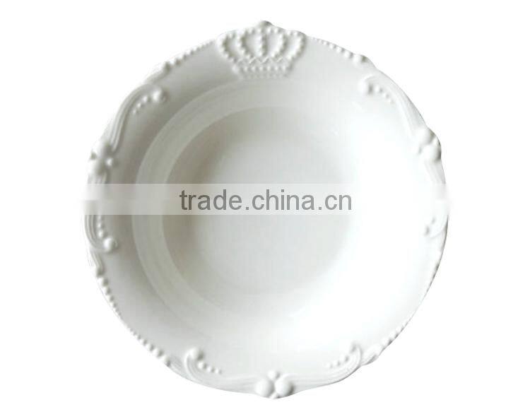 Wholesale fine royal new bone china white embossed ceramic salad bowl with crown design