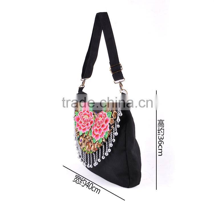 Embroidery shoulder bag canvas women handbag cheap lady bag embroidery bag with bells