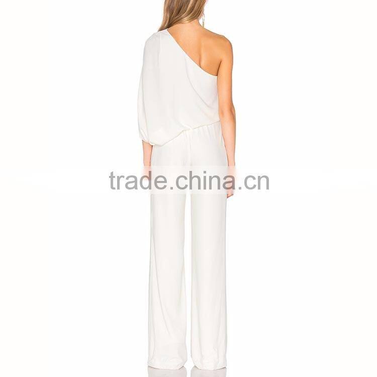 Arabic Athen divine white lady fashion silk chiffon one shoulder long jumpsuits