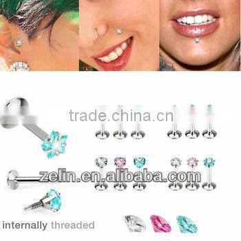 16 gauge internally threaded CZ labrets body lip jewelry piercing