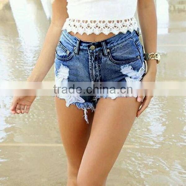 Bohemia style women high waist ripped jeans lace shorts