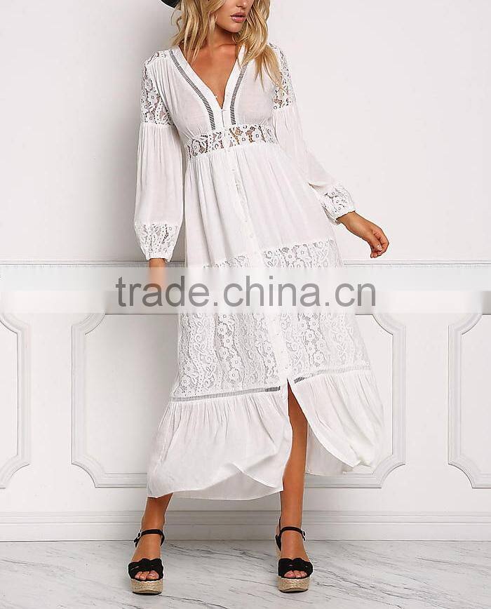 Off White Lace Trim Button Down Maxi Dress Long Frock Design HSd5221