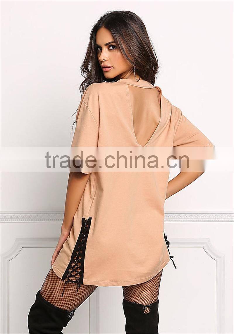 MGOO Fashion Custom Made 95% Cotton 5% Spandex 220g Nude V Cut Out Side Lace Up Shirts Tunic Tops