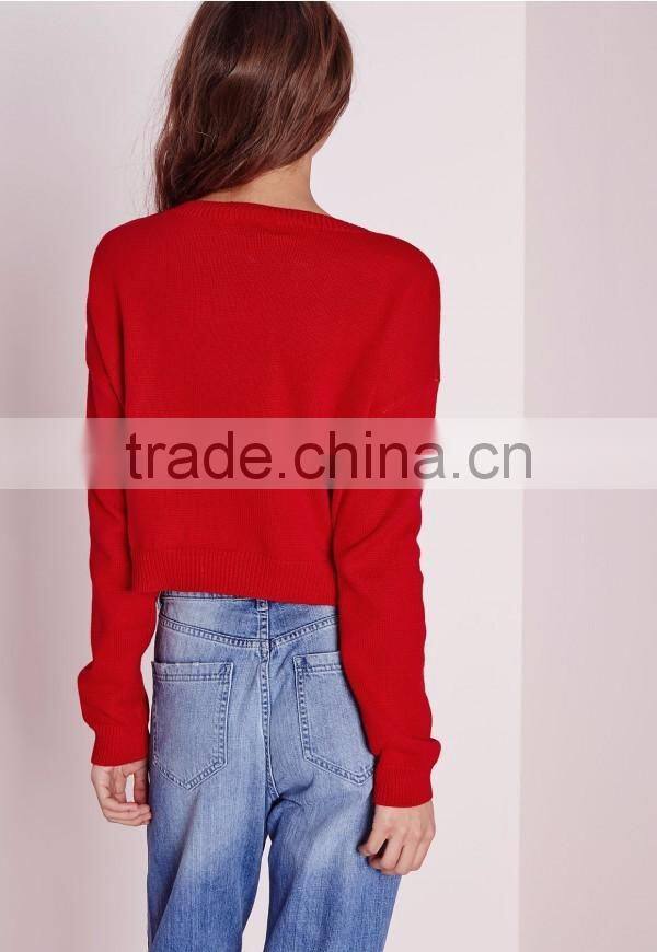 Custom Design Women Merry Christmas Crew Neck Cropped Jumper Red Knitwear Sweater Pullover