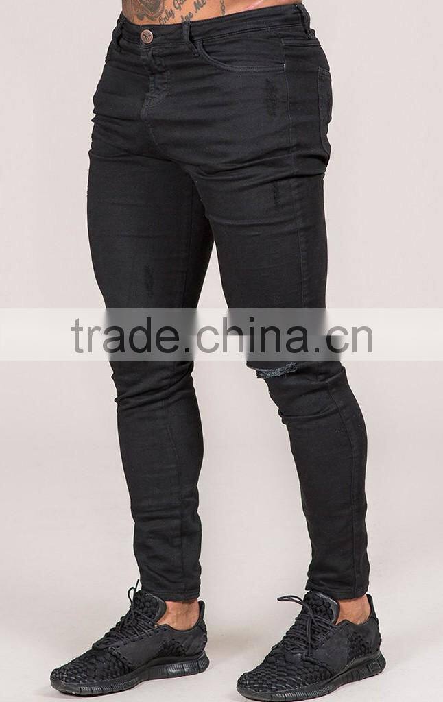 Hot Style Bleach Wash Raw Edged Damaged Cotton Denim Urban Jeans Mens