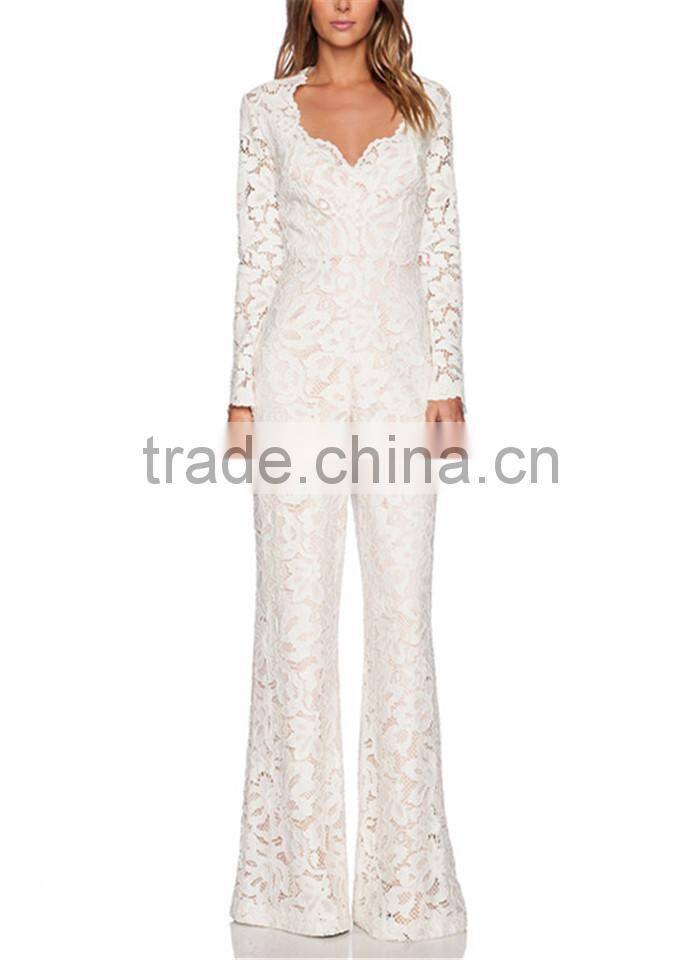 latest spring luxury elegant white lace long sleeve jumpsuit for women