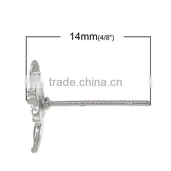 Copper Earring Findings Ear Studs Components Flower Silver Tone 14.0mm x 11.0mm