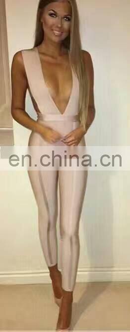 Amigo 2017 fashion beige sleeveless deep V neck low-cut backless bandage evening jumpsuits for women