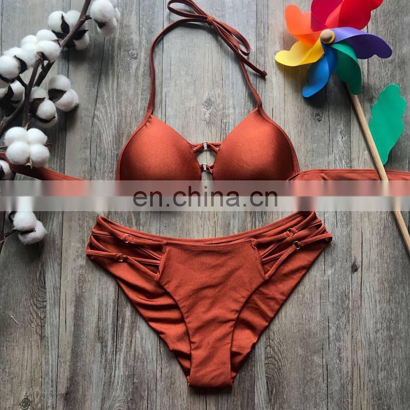 2019 Sexy String Bikini Set Halter Swimsuit Backless Bathing Suit Women Solid Bikini Brazilian Biquini Push Up Swimwear 5 colors