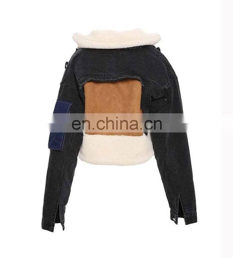 Custom LOGO High Quality denim windbreaker jacket lined with fleece coats wool jackets With Patches For Women's coat