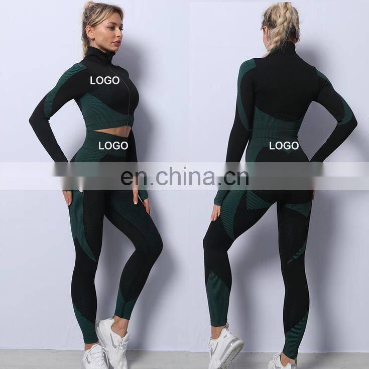Wholesale women 3 pieces crop top leggings and sports bra workout clothes 3 pieces seamless yoga belt zipper suit