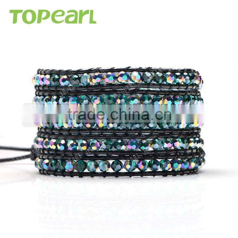 Topearl Jewelry 3pcs Iridescent Colors Crystal 5 Wrap Fashion Bracelet on Black Leather CLL53