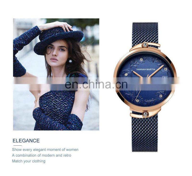 Hannah Martin 119 New Hot Sale Women Watch Rhinestone Embossed Rose Gold Mesh Belt Japanese Movement Waterproof Quartz Watch