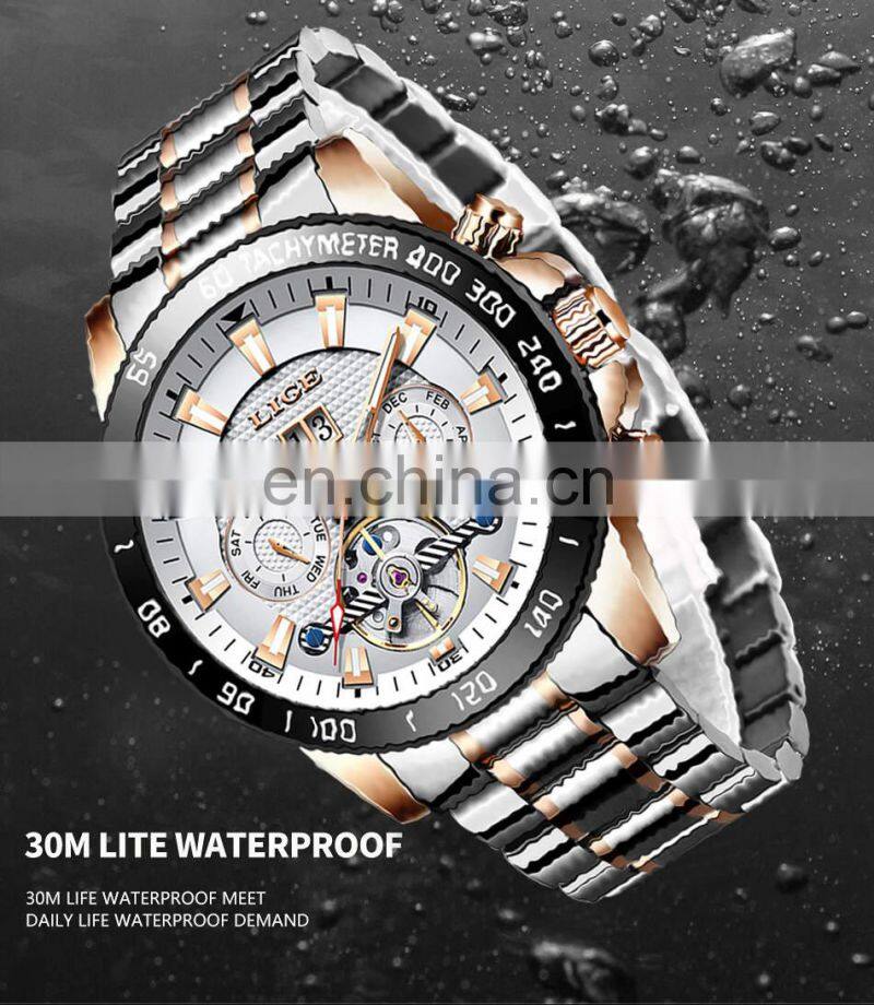 LIGE 10034 Mens Quartz watch Automatic Mechanical Wristwatches Stainless Steel Watch Mens