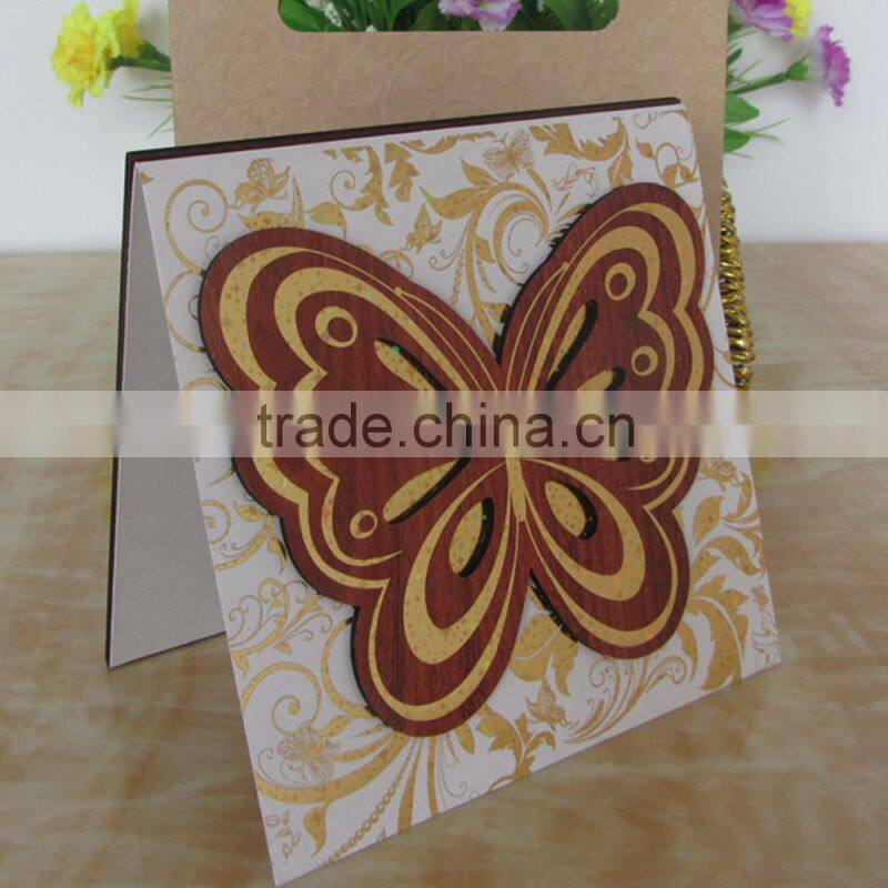 Gold blue bengali wooden butterfly wedding invitation card