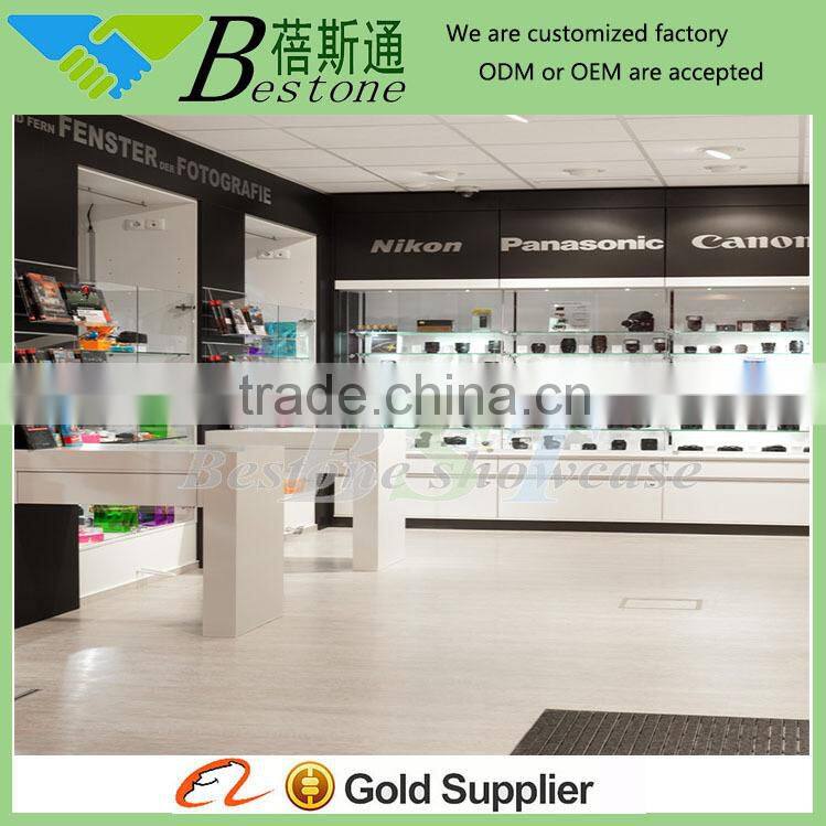 Wooden camera store glass display showcase,SLR camera shop fittings and wall showcase